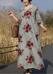 Beautiful O Neck Pockets Spring Tunic Work Outfits Chinese Rose Flower Long Dress - SooLinen