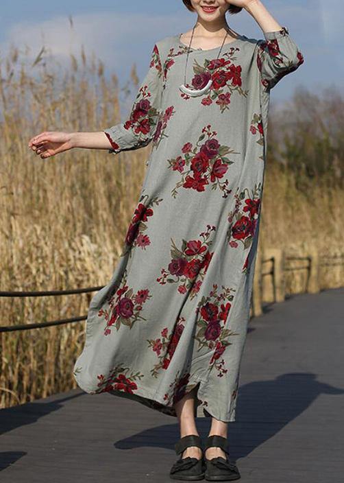 Beautiful O Neck Pockets Spring Tunic Work Outfits Chinese Rose Flower Long Dress - SooLinen