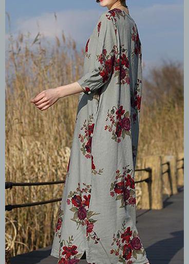 Beautiful O Neck Pockets Spring Tunic Work Outfits Chinese Rose Flower Long Dress - SooLinen