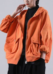 Beautiful Orange Hooded Zippered Pockets Fall Coat Long sleeve