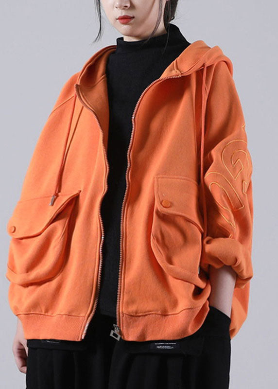 Beautiful Orange Hooded Zippered Pockets Fall Coat Long sleeve