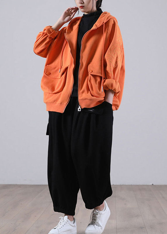 Beautiful Orange Hooded Zippered Pockets Fall Coat Long sleeve