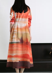 Beautiful Orange O-Neck Wrinkled Asymmetrical Linen Dress Long Sleeve