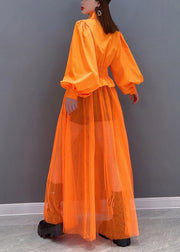 Beautiful Orange Peter Pan Collar Elastic Waist Pocket Tulle Patchwork Shirt Dress lantern sleeve