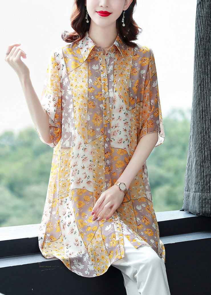 Beautiful Orange Peter Pan Collar Print Button Chiffon Blouse Top Half Sleeve