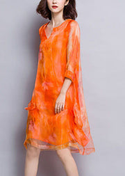 Beautiful Orange V Neck Print Layered Design Silk Vacation Dress Half Sleeve