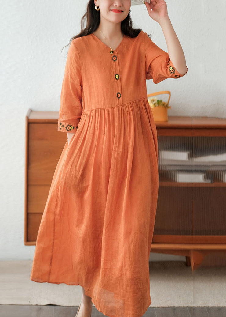 Beautiful Orange Wrinkled Embroideried Linen Dress Two Piece Set Short Sleeve