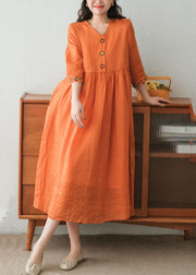 Beautiful Orange Wrinkled Embroideried Linen Dress Two Piece Set Short Sleeve