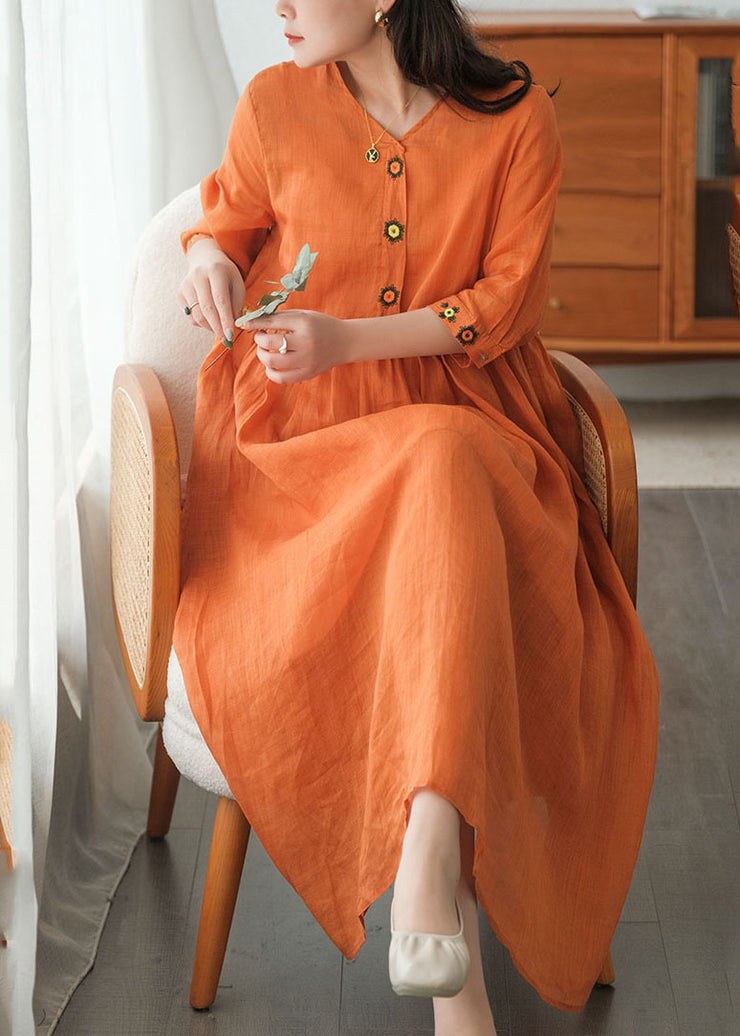 Beautiful Orange Wrinkled Embroideried Linen Dress Two Piece Set Short Sleeve