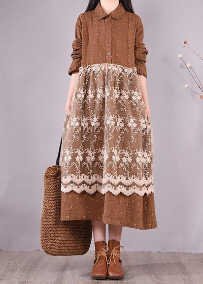 Beautiful Patchwork Lace Spring Clothes For Women Catwalk Chocolate Print Long Dresses - SooLinen