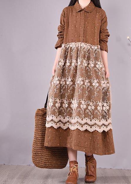 Beautiful Patchwork Lace Spring Clothes For Women Catwalk Chocolate Print Long Dresses - SooLinen