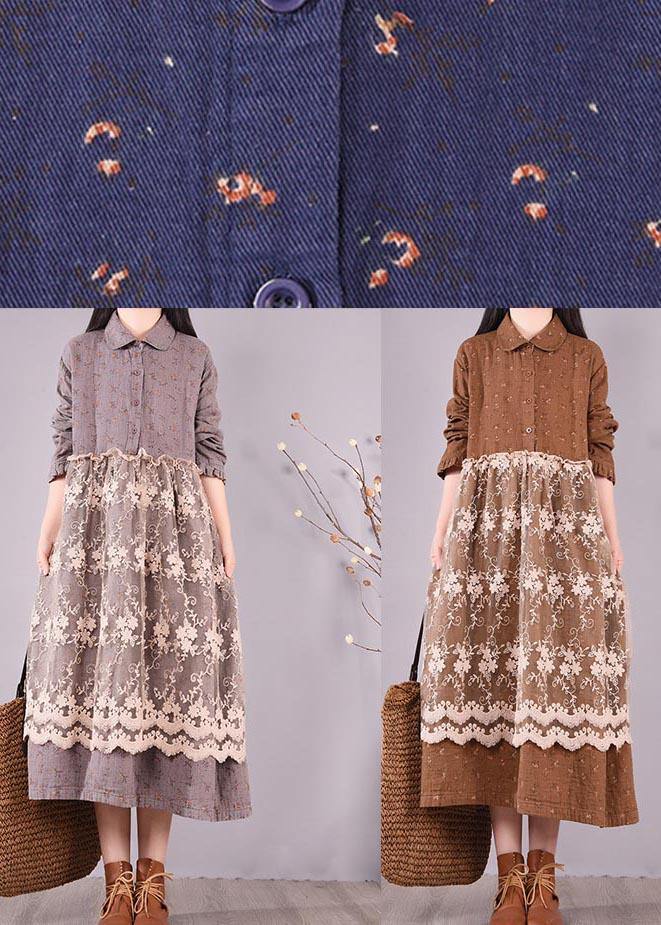 Beautiful Patchwork Lace Spring Clothes For Women Catwalk Chocolate Print Long Dresses - SooLinen