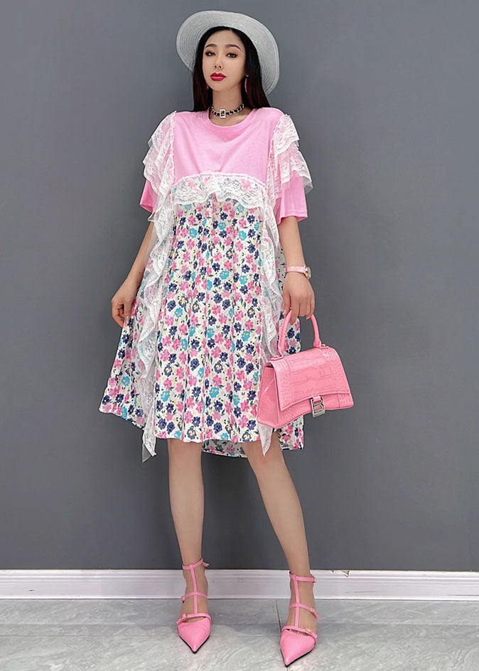 Beautiful Pink Asymmetrical Print Holiday Dresses Short Sleeve