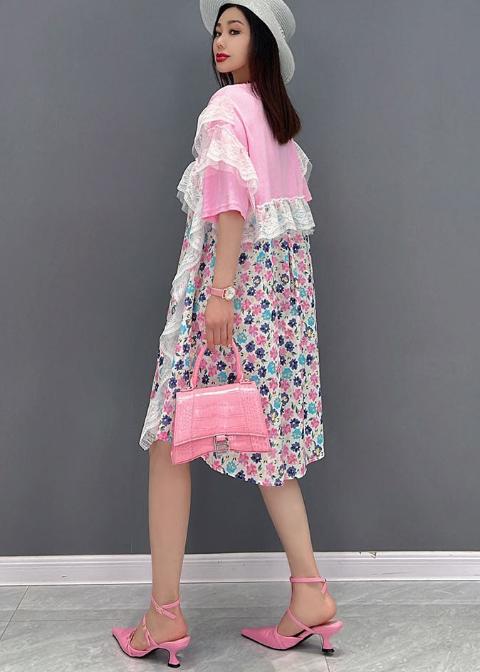 Beautiful Pink Asymmetrical Print Holiday Dresses Short Sleeve