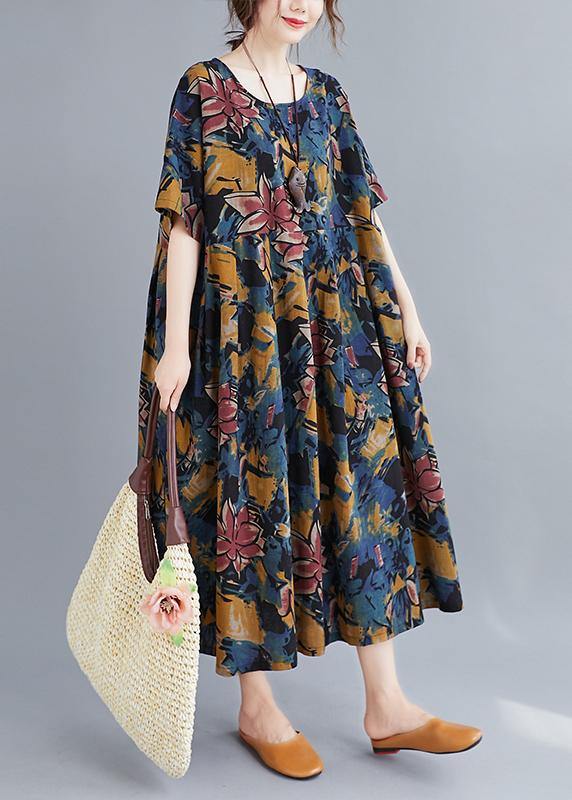 Beautiful Plant printing o neck Cinched Dresses summer Dress - SooLinen