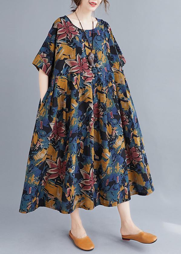 Beautiful Plant printing o neck Cinched Dresses summer Dress - SooLinen