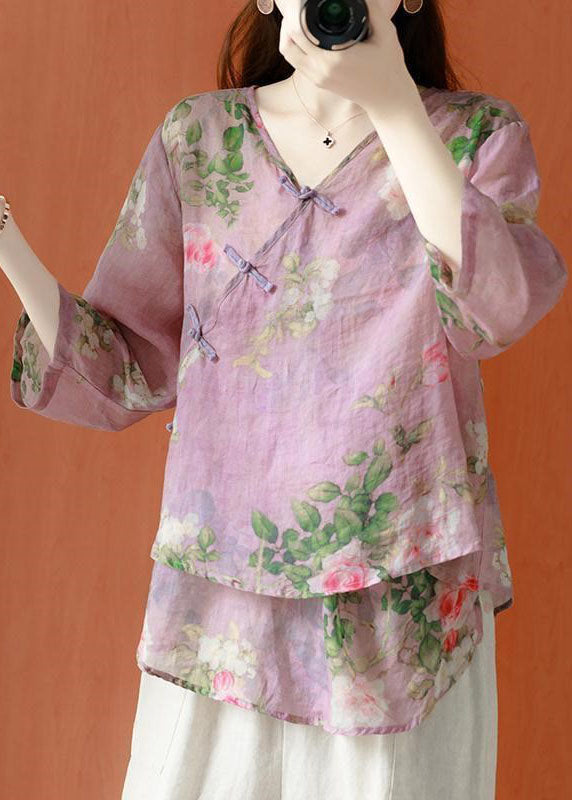 Beautiful Color Asymmetrical Print Linen Blouses Half Sleeve