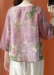 Beautiful Purple Asymmetrical Print Linen Blouses Half Sleeve