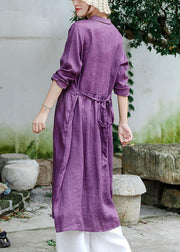 Beautiful Purple Tunic Notched Tie Waist Spring Dress - SooLinen