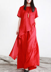 Beautiful Red O-Neck Asymmetrical Linen Top And Pants Two Pieces Sets Summer