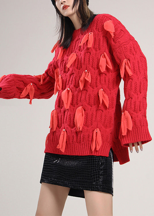 Beautiful Red O-Neck Bow Knit Sweaters Spring