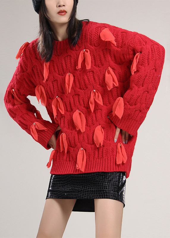 Beautiful Red O-Neck Bow Knit Sweaters Spring