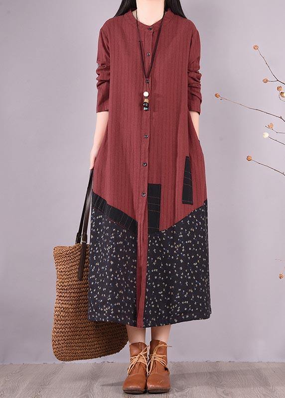 Beautiful Red Patchwork Print Dress O Neck Pockets Traveling Spring Dresses - SooLinen