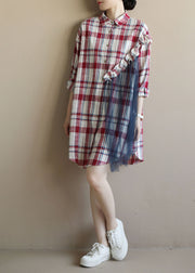 Beautiful Red Plaid Ruffled Patchwork Tulle Cotton Linen Shirt Dress Long Sleeve