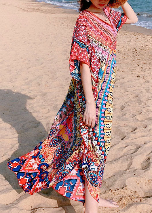 Beautiful Red Print Beach Gown Mid Dress Summer