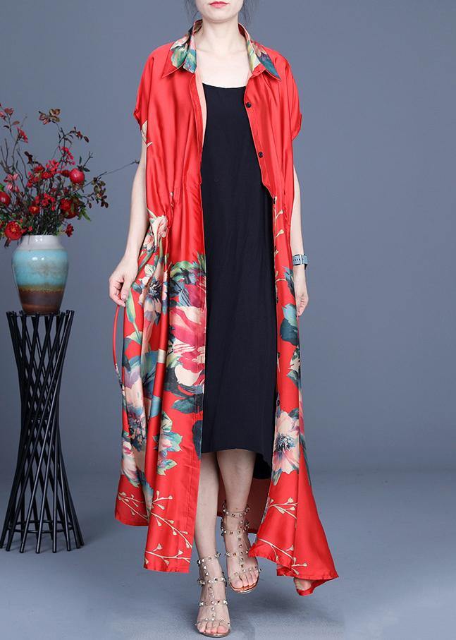 Beautiful Red Print Summer Cardigan Long - SooLinen