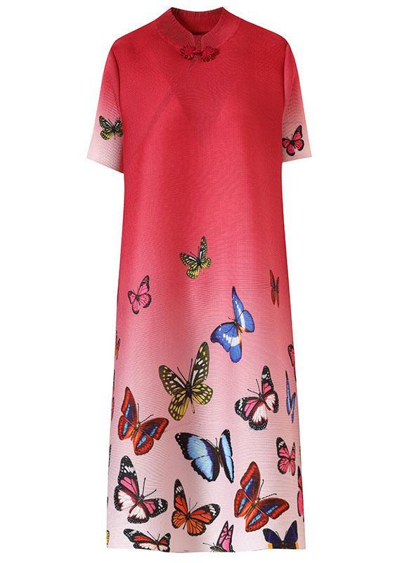 Beautiful Red Print butterfly side open Summer Robe Dresses - SooLinen