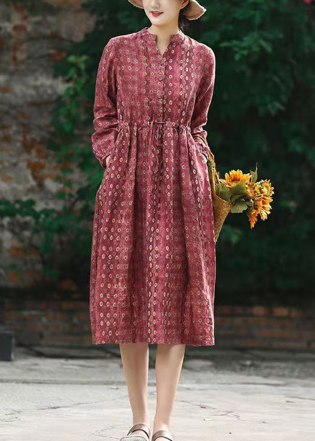 Beautiful Red Stand Collar drawstring Print Linen Dress Long Sleeve