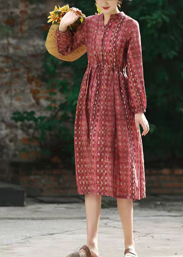 Beautiful Red Stand Collar drawstring Print Linen Dress Long Sleeve