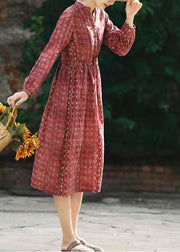 Beautiful Red Stand Collar drawstring Print Linen Dress Long Sleeve