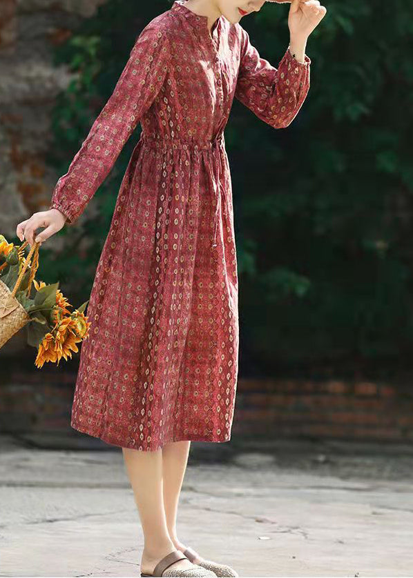 Beautiful Red Stand Collar drawstring Print Linen Dress Long Sleeve