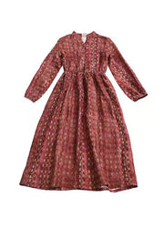 Beautiful Red Stand Collar drawstring Print Linen Dress Long Sleeve