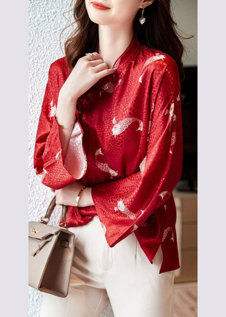 Beautiful Red Stand Collar print Silk Blouse Tops flare sleeve