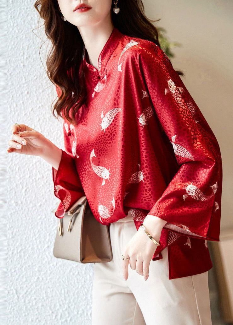 Beautiful Red Stand Collar print Silk Blouse Tops flare sleeve