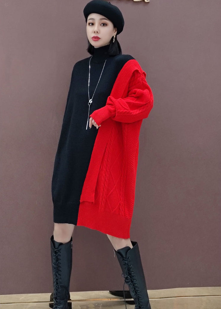 Beautiful Red Turtle Neck Patchwork Knitwear Dress Winter