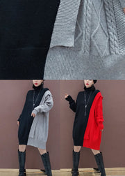 Beautiful Red Turtle Neck Patchwork Knitwear Dress Winter