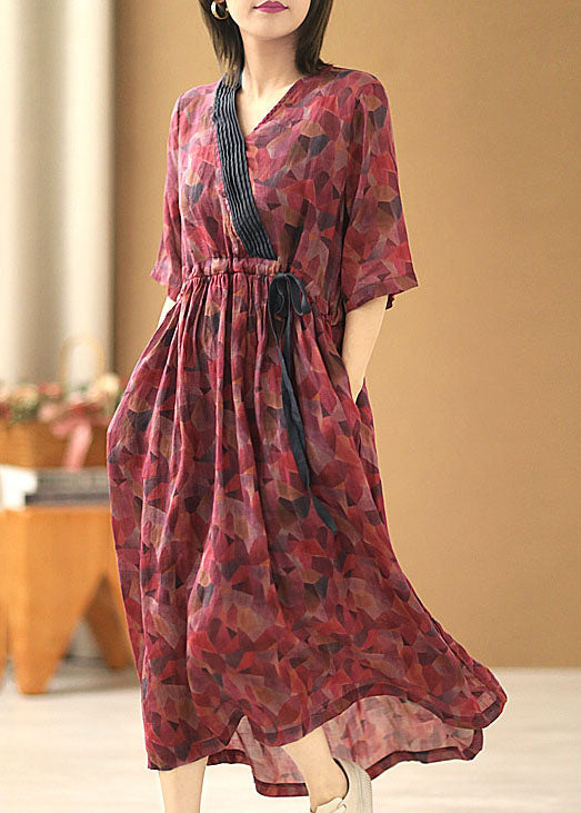 Beautiful Red V Neck Tie Waist Wrinkled Print Linen Cinch Dresses Short Sleeve