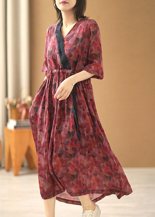 Beautiful Red V Neck Tie Waist Wrinkled Print Linen Cinch Dresses Short Sleeve