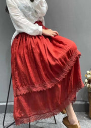 Beautiful Red elastic waist Lace Patchwork Linen pleated Skirt Summer