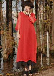 Beautiful Red side open Pockets chiffon Long Dress Three Quarter sleeve