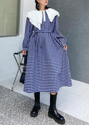 Beautiful Ruffled tie waist cotton fall clothes Outfits blue plaid Plus Size Dress - SooLinen