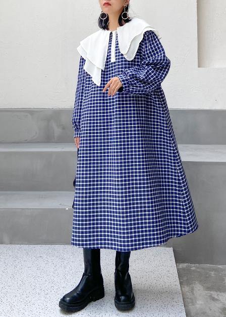 Beautiful Ruffled tie waist cotton fall clothes Outfits blue plaid Plus Size Dress - SooLinen