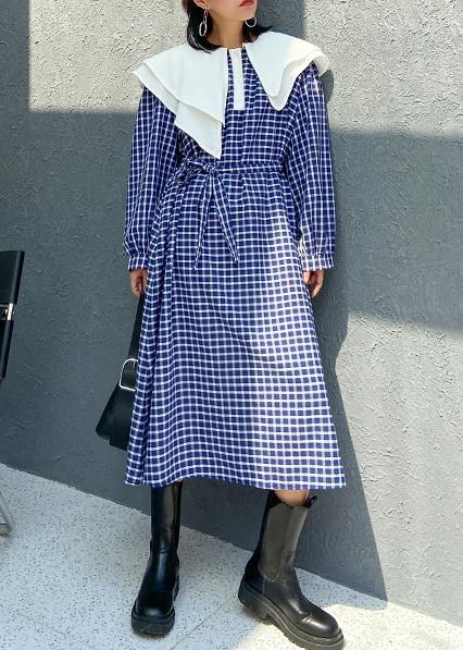 Beautiful Ruffled tie waist cotton fall clothes Outfits blue plaid Plus Size Dress - SooLinen