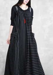 Beautiful Spaghetti Strap Patchwork Quilting Dresses Work Black Striped Kaftan Dresses - SooLinen