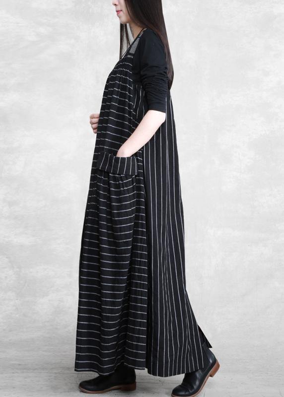 Beautiful Spaghetti Strap Patchwork Quilting Dresses Work Black Striped Kaftan Dresses - SooLinen