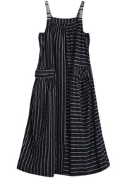 Beautiful Spaghetti Strap Patchwork Quilting Dresses Work Black Striped Kaftan Dresses - SooLinen